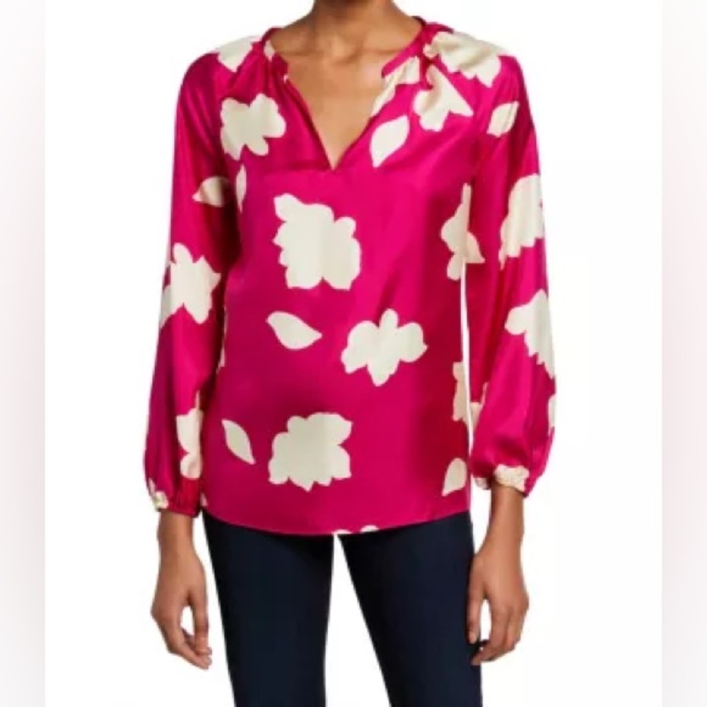 NEW NWT theory open v gather blouse hot pink white flowers 100% silk puff sleeve